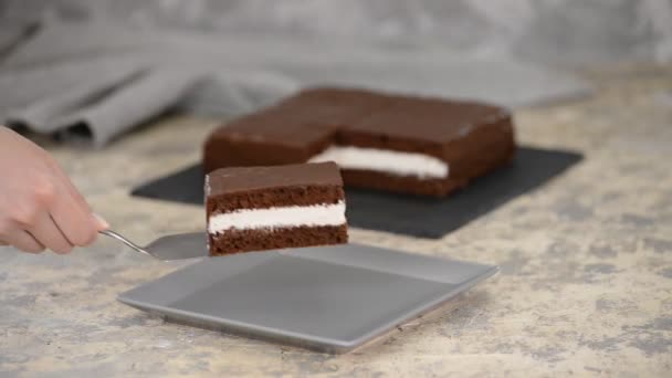 Delicious chocolate cake on table, close-up — Stock Video