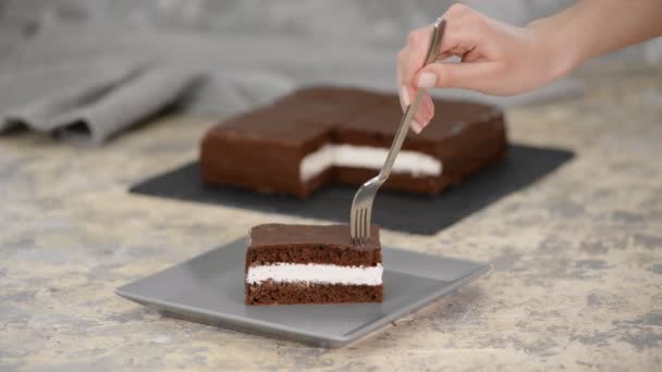 吃自制巧克力蛋糕的女人. — 图库视频影像