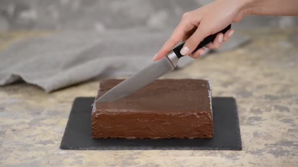 Weibliche Hand schneidet Schokoladenkuchen mit Messer. — Stockvideo