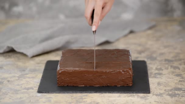 Torta de chocolate de corte manual femenino con cuchillo . — Vídeos de Stock