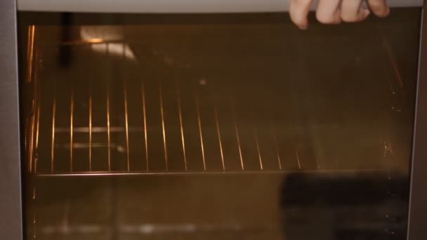 Una mano femminile mette una teglia con pasta fatta a mano di muffin all'interno di un forno domestico . — Video Stock