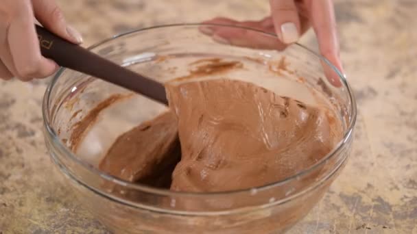 Mixing chocolate batter for cake. Womans hands preparing sweet food. — Stock Video