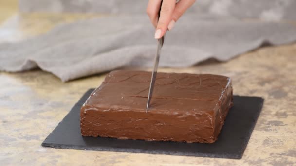 Gâteau au chocolat à la main féminin avec couteau . — Video