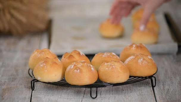 Délicieux petits pains à la levure fraîchement cuits avec croûte sur support de refroidissement . — Video