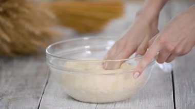 Yemek pişirme ve ev konsepti, evde hamuru yoğuran kadınların ellerini kapat.