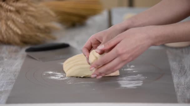 Ženské ruce válí těsto na chleba. Výroba kvasinkových buchet. — Stock video