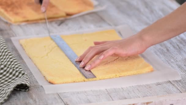 Torta di spugna di taglio su strati . — Video Stock