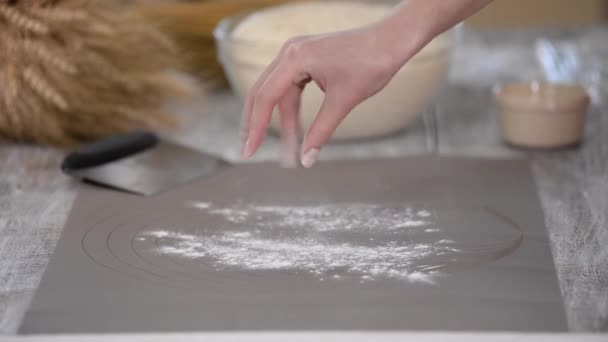 Жінка-пекар, що працює з органічним дріжджовим тістом на столі . — стокове відео