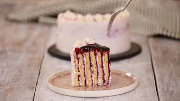 Pezzo di torta di marmellata di ribes nero strato verticale fatto in casa. — Video Stock