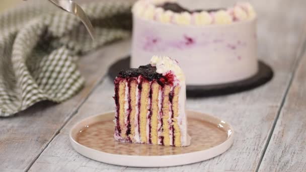 Pièce de gâteau de confiture de cassis de couche verticale fait maison. — Video