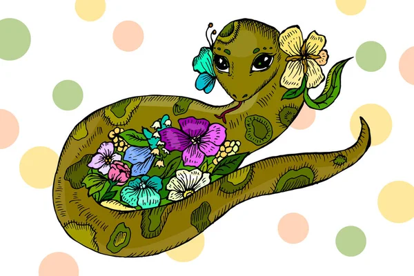 Serpiente y flores. Ilustración hecha a mano. Ilustración animal decorativa.vector — Archivo Imágenes Vectoriales