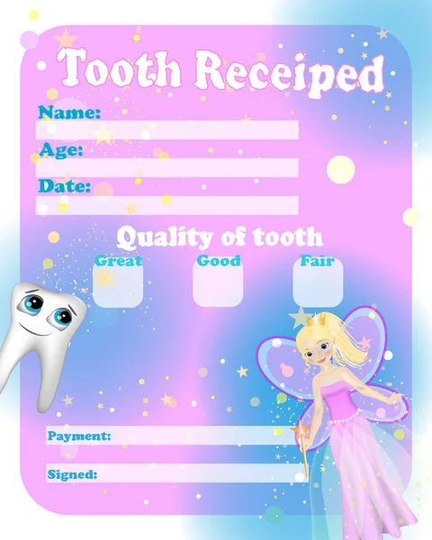 Certificate tooth fairy. Cute tooth fairy receipt certificate template with sparkling tooth, — Stock Vector