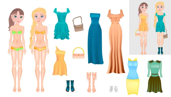 Paper Dolls - friends. Body templates. Dress up paper doll. A young girl in different clothes and hair. Vector detailed illustration. — Stock Vector