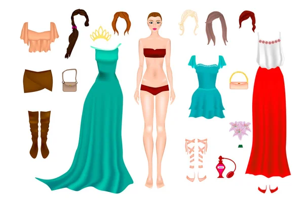 Paper doll with clothes and different hairstyles. — Stock Vector