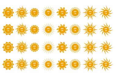 Spf koruma simgeler kümesi (Spf: 5,10,15,20, 25,30,40 ve 50) güneş kozmetik ambalaj için. 