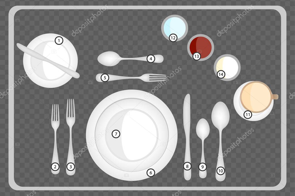 Dinner place setting, Table setting top view. Formal dinner with soup and salad courses. 