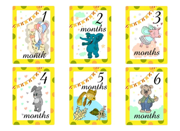 Cartões Dos Meses Bebê Conjunto Adesivos Bonitos Com Animais Para —  Vetores de Stock
