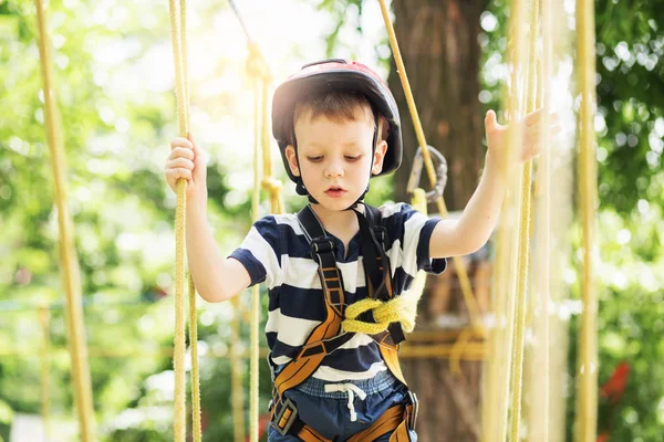 Kids climbing in adventure park. Boy enjoys climbing in the rope