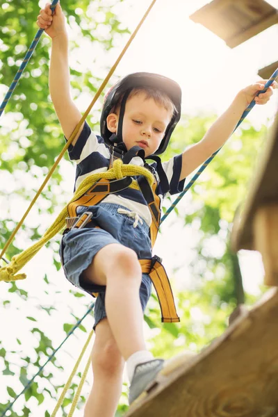 Kids climbing in adventure park. Boy enjoys climbing in the rope