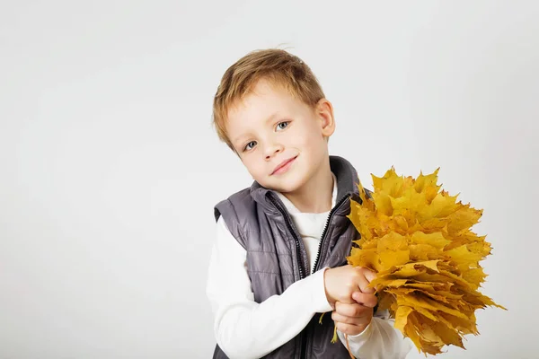 Porträtt av glada glada vackra lilla pojke mot vit baksida — Stockfoto