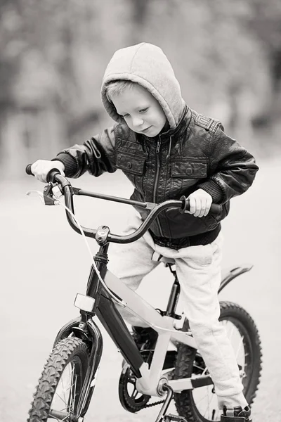 Portrait of adorable little urban boy wearing black leather jack — Stock Photo, Image