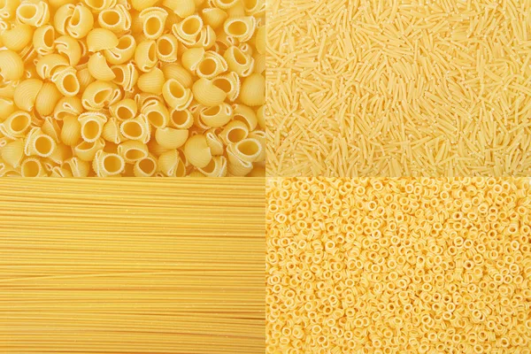 Collage rettangolare di vari sfondi di pasta gialla cruda . — Foto Stock
