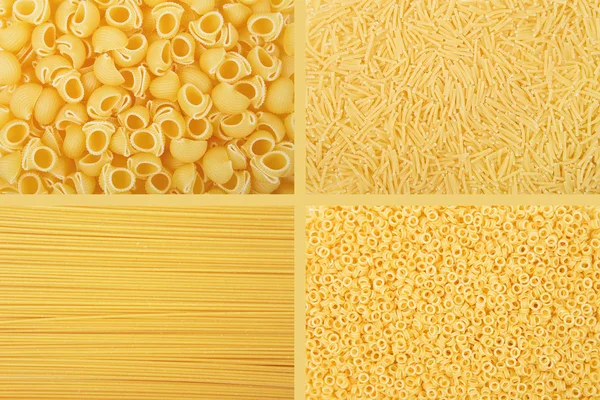 Collage Rettangolare Vari Sfondi Pasta Gialla Cruda Vermicelli Spaghetti Anellini — Foto Stock