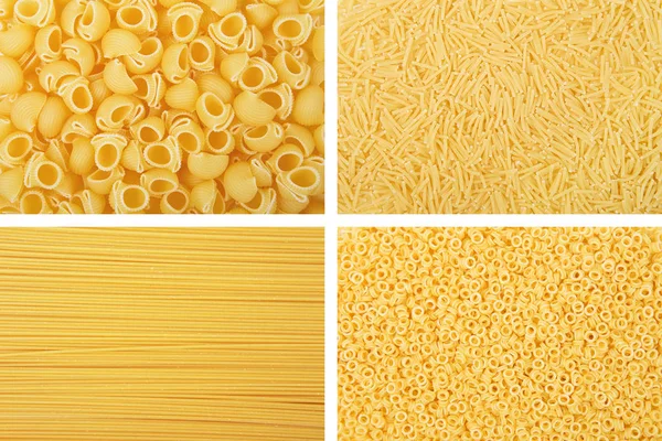 Collage Rettangolare Vari Sfondi Pasta Gialla Cruda Vermicelli Spaghetti Anellini — Foto Stock