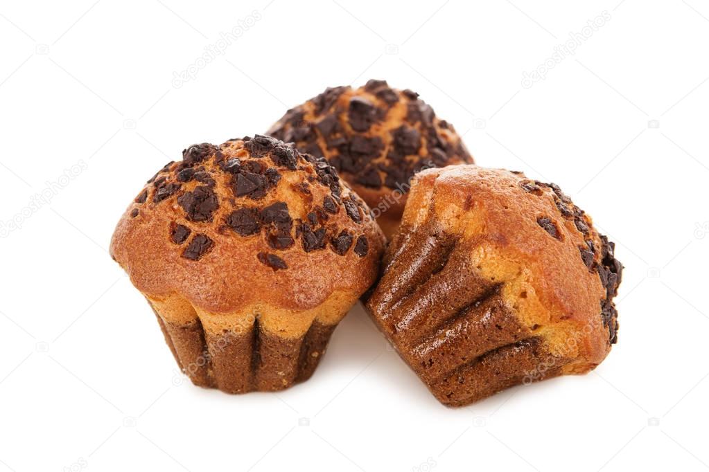 Tasty muffins with chocolate chips isolated on white