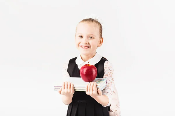 Book School Kid Smiling Little Girl Big Backpack Holding Books — Stock Photo, Image