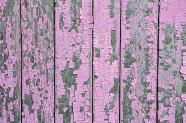 Çatlama ve soyulması pembe boya bir duvara. Antika ahşap arka plan-soyulması boya ile. Işınlanmış boya ile eski yönetim kurulu