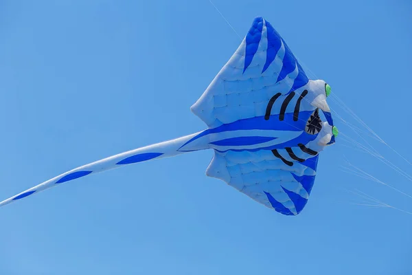 Pipas voando em um céu azul. Pipas de várias formas . — Fotografia de Stock
