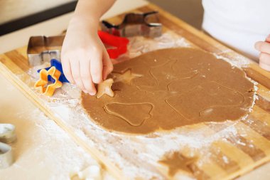 Ev yapımı gingerbread çerezleri, formlar ve fırın malzemeleri.