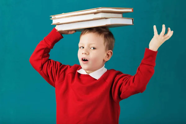 Cheerful smiling little school boy with big books on his head ha — Stock Photo, Image