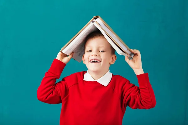 Cheerful smiling little school boy with big books on his head ha — Stock Photo, Image