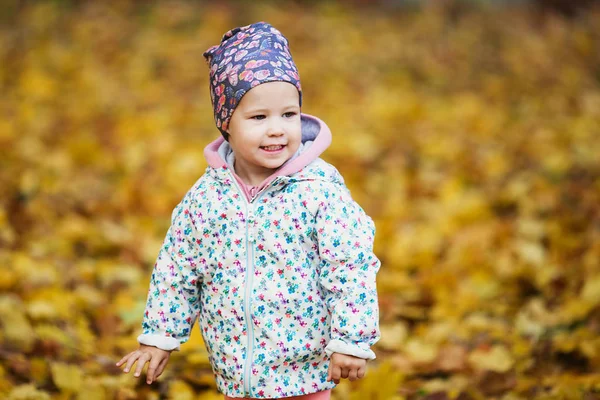 Linda niña entre las hojas de arce de otoño de oro — Foto de Stock