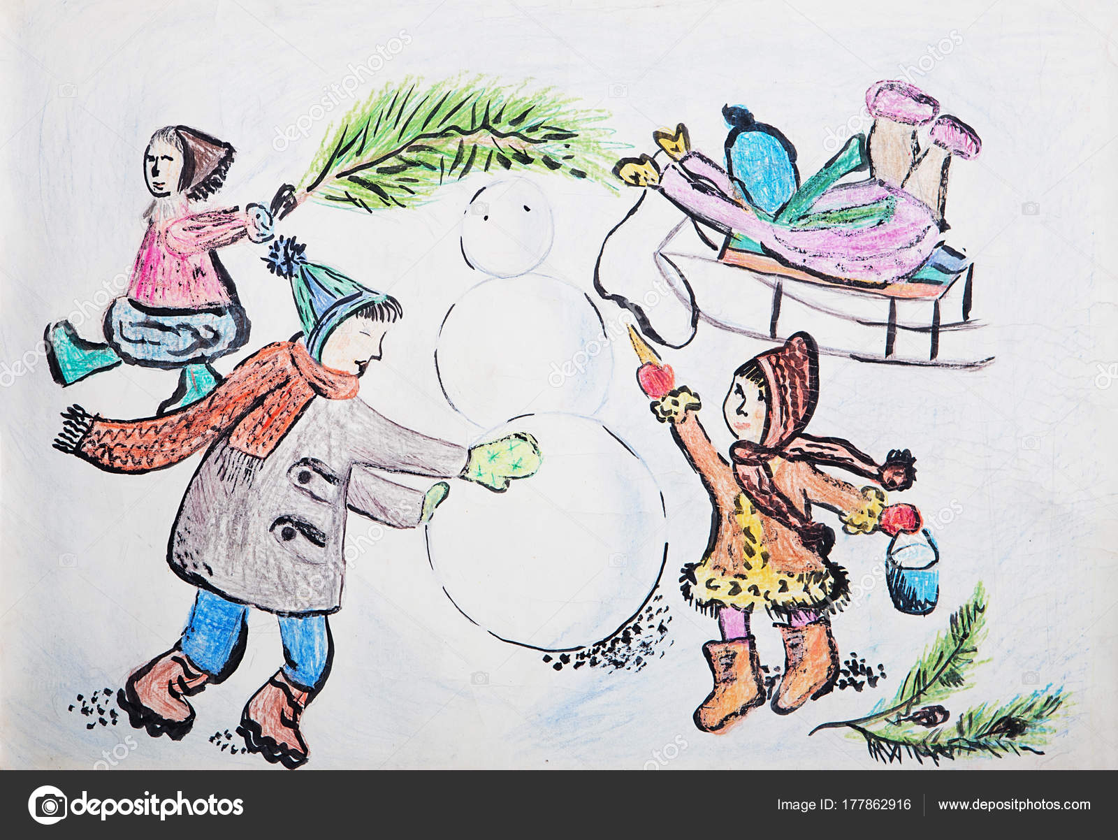 Snowman Pitchers Child S Drawing Of A Kids With Snowman In Snowy Weather Stock Photo C Natazhekova