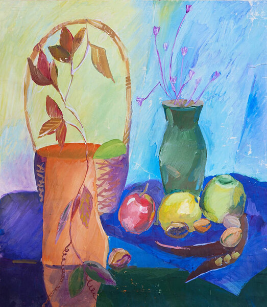 Still life composition illustration with basket, vase, fruit and