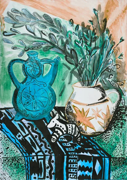 Bodegón composición ilustración con una tetera, flores, jarra , — Foto de Stock