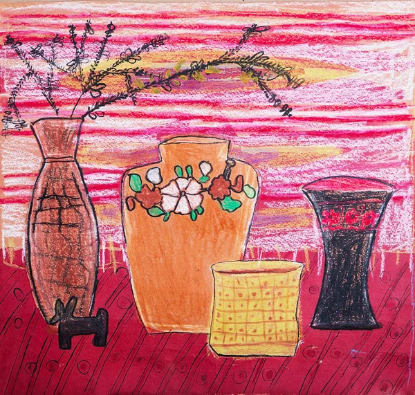 Natureza morta composição ilustração com um bule de chá, flores, jarro — Fotografia de Stock