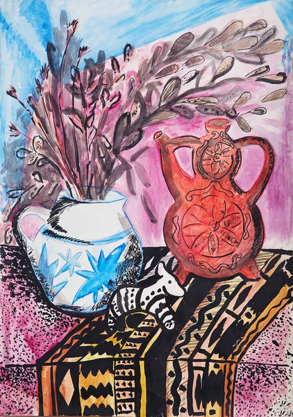 Still life composition illustration with a teapot, flowers, jug, — Stock Photo, Image