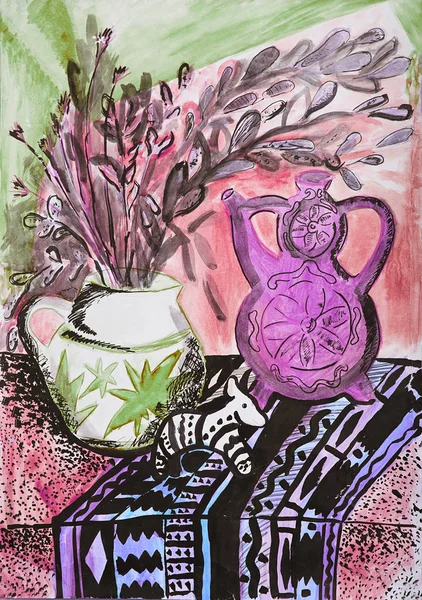 Bodegón composición ilustración con una tetera, flores, jarra , —  Fotos de Stock