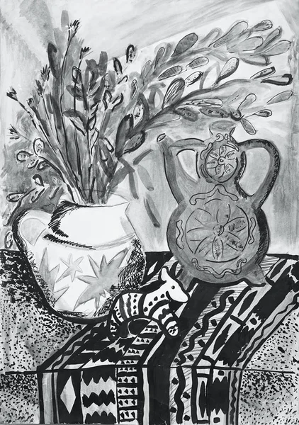 Still life composition illustration with a teapot, flowers, jug, — Stock Photo, Image