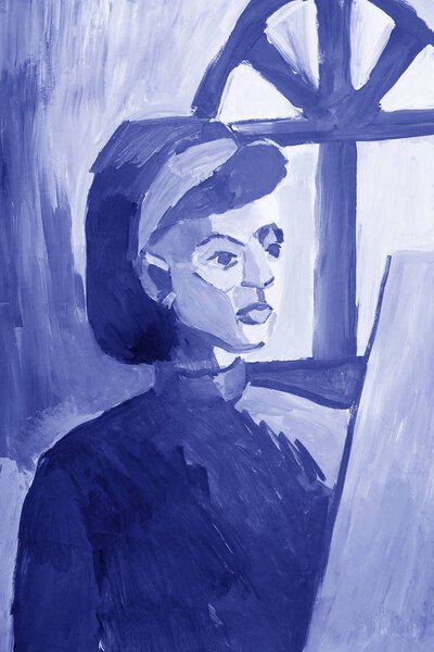 painting of young girl in monochrome colors. 