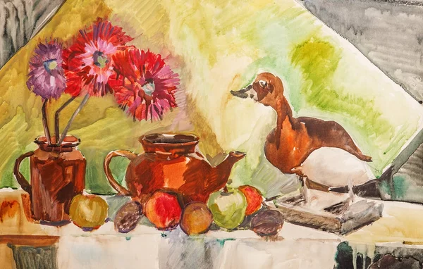 Illust com um bule de chá, flores, frutas e pato recheado — Fotografia de Stock