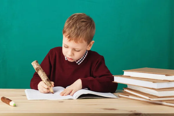 Sonriente pequeño colegial escribiendo notas en clase contra verde wa —  Fotos de Stock