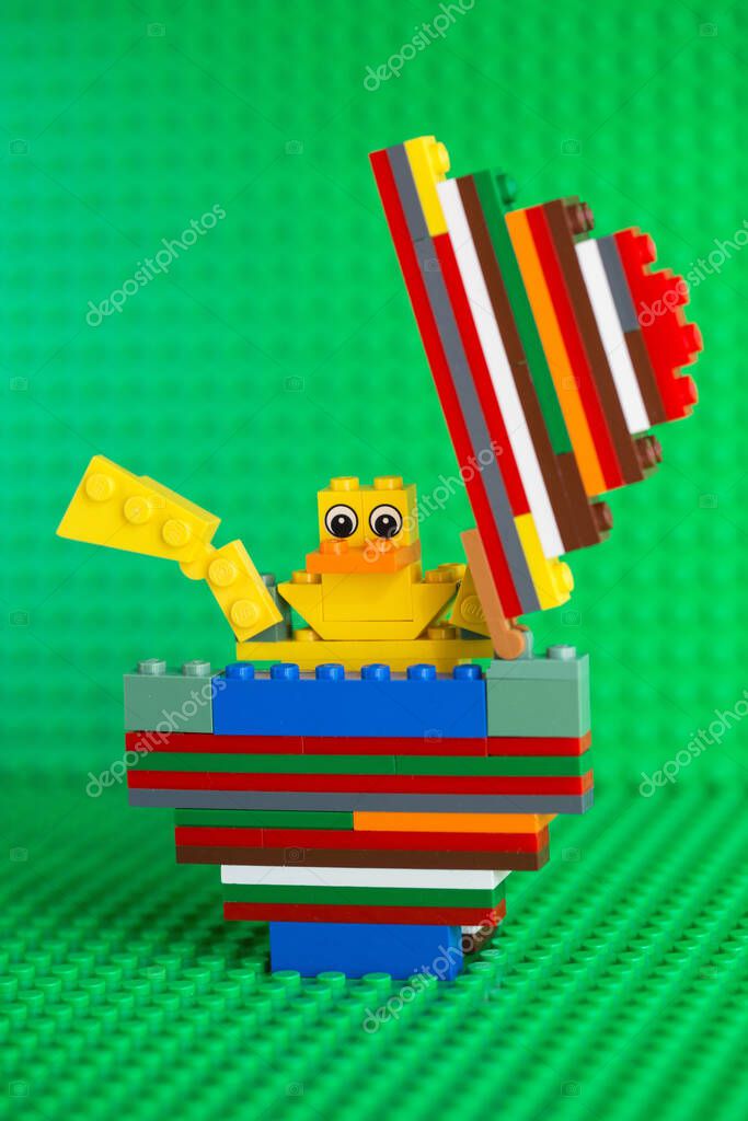 Kiev, Ukraine - April 19, 2019: Chicken hatched from an egg made from Lego constructor. Happy Easter. Easter diy for kids