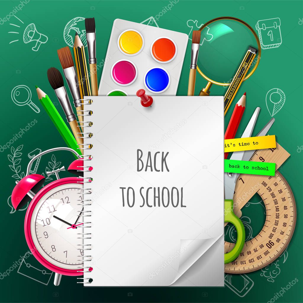 Back to school poster, colorful school supplies: copybook, paint, watercolor, brush, pencil, ruler, alarm clock, scissors on the green background. Vector illustration.