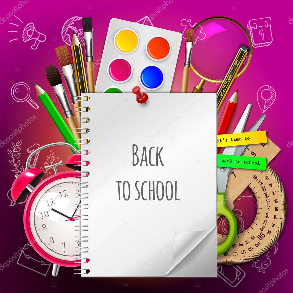 School background with school supplies and copyspace
