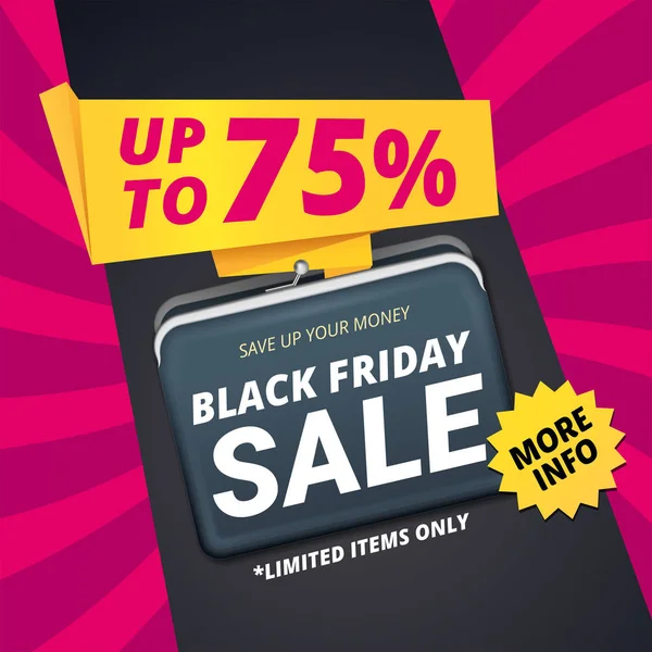 Black friday sale vector banner template design with a wallet for money and text save up your money. Big sale with yellow,  pink and black paper element layout poster. The biggest discount shop offer — Stock Vector